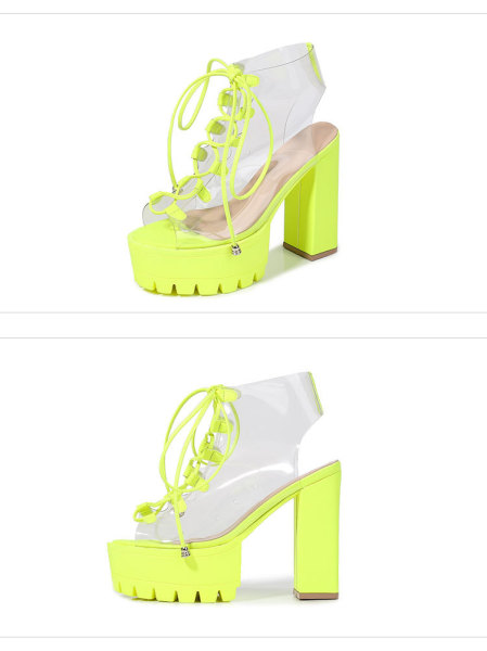 Large size cool boots Cross-border lace up fish mouth PVC women's boots Candy color transparent PVC thick heel boots