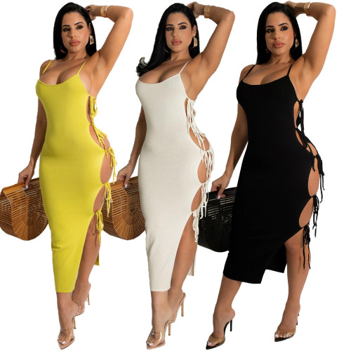 Women's sexy unilateral lace-up slit dress