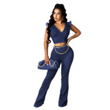 Women's High Stretch Denim V-Neck Petal Sleeve Flared Trousers Suit