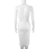 Solid Color Casual Open Back Pleated Lace-Up Halter Maxi Dress