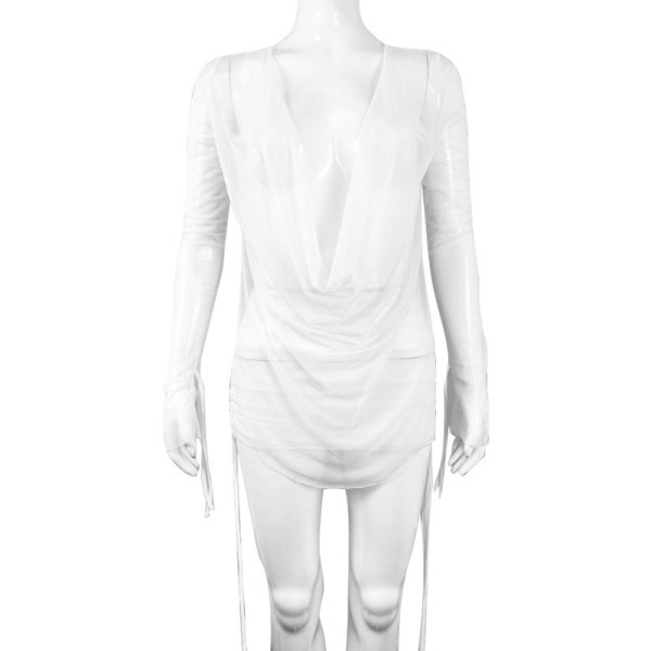 Solid Color Swing Collar Open Chest Show Navel Mesh Perspective Drawstring Set