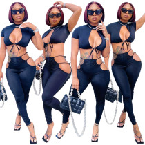 Casual Hollow Lace Up Solid Color Temperament Two-piece Set Casual Hollow Lace Up Solid Color Temperament Two-piece Set