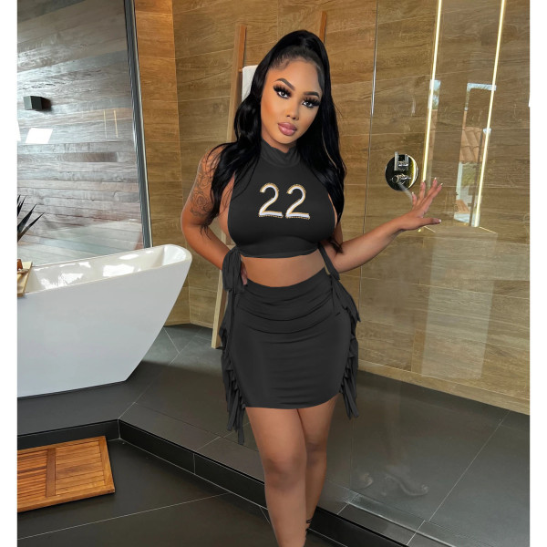 Fashion Embroidered Loose Turtleneck Sleeveless Fringe Skirt Suit Two Piece Set
