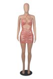 Sexy cross halter lace open back wrap chest and hip dress