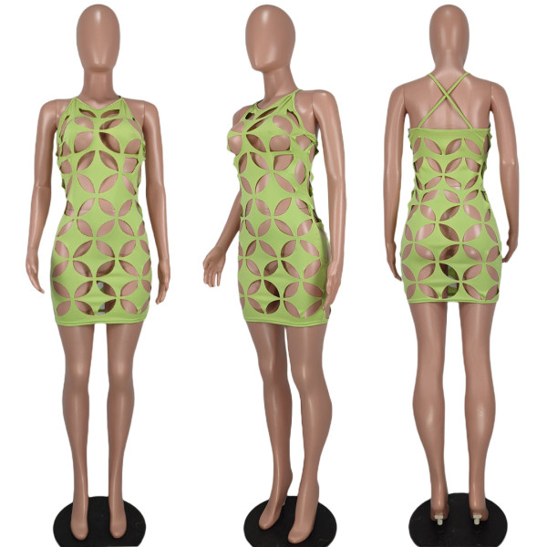 Simple hollow star-shaped halterneck solid color temperament dress