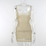 Sexy see-through mesh hot drill skirt Solid color temperament commuter inner dress