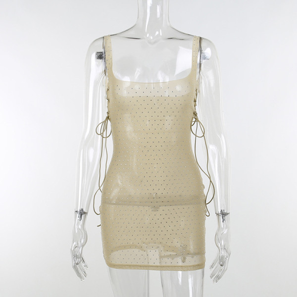 Sexy see-through mesh hot drill skirt Solid color temperament commuter inner dress