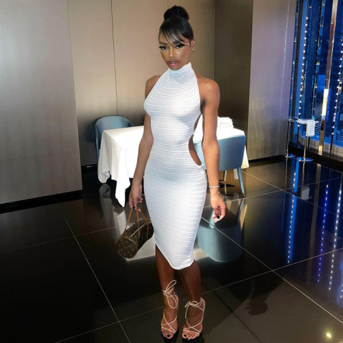 Solid Color Casual Open Back Pleated Lace-Up Halter Maxi Dress