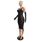 Satin Mesh Panel Sexy Dress Skirt