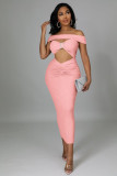 Fashionable and sexy one-shoulder wrap chest hollow back split solid color dress