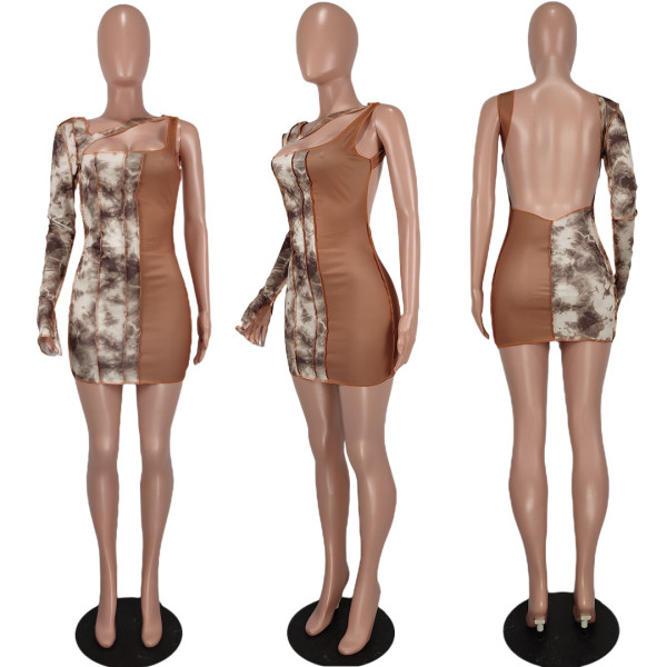 Spring Sexy Sling Fashion Print Patchwork Backless Dress