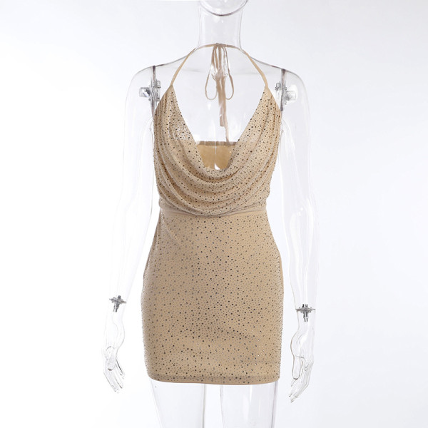 Sexy temperament hot diamond elegant short skirt party low-cut strappy halter dress