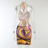 Sexy backless V-neck suspender wavy skirt temperament waistless fashion dress women
