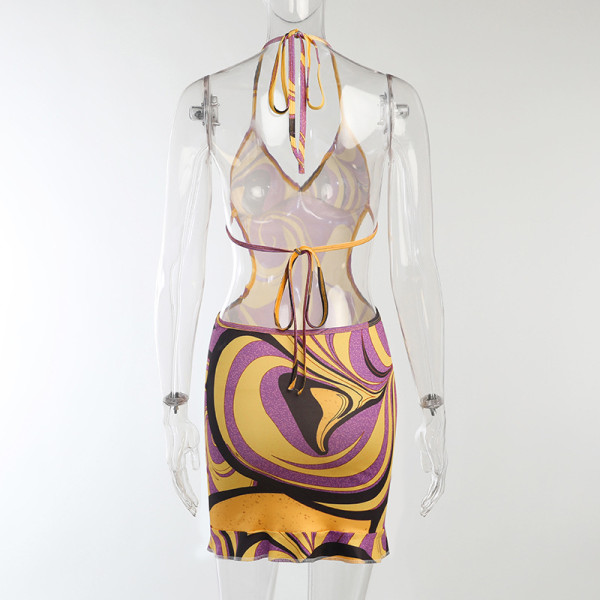 Sexy backless V-neck suspender wavy skirt temperament waistless fashion dress women