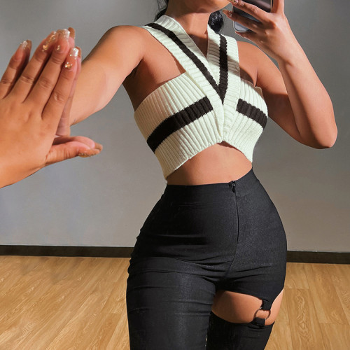 Sexy V-neck cross halter style temperament commuter wear a simple slim vest