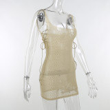 Sexy see-through mesh hot drill skirt Solid color temperament commuter inner dress