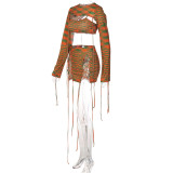 Fashion Sexy Suit Long Sleeve Shawl Top Three Piece