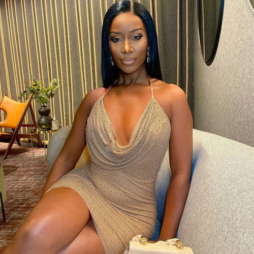 Sexy temperament hot diamond elegant short skirt party low-cut strappy halter dress