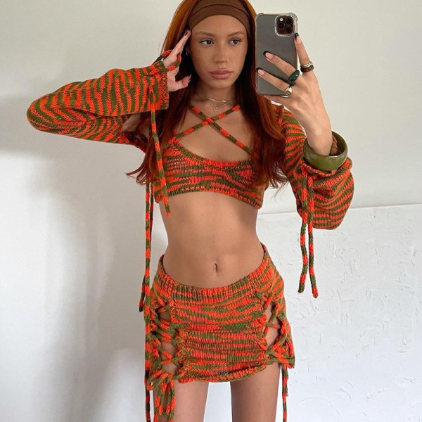 Fashion Sexy Suit Long Sleeve Shawl Top Three Piece