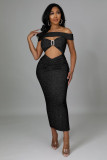 Fashionable and sexy one-shoulder wrap chest hollow back split solid color dress
