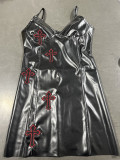 Cross-stitch embroidered PU hip sexy dress