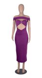 Fashionable and sexy one-shoulder wrap chest hollow back split solid color dress