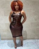 Spring sexy backless bronzing slightly transparent suspender dress