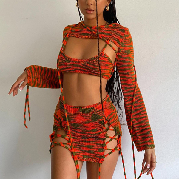 Fashion Sexy Suit Long Sleeve Shawl Top Three Piece