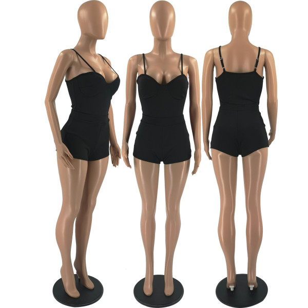Summer women's sexy low-cut suspenders one-piece shorts two-piece suit