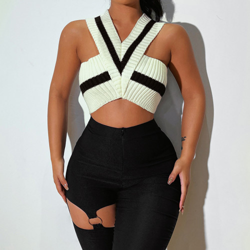 Sexy V-neck cross halter style temperament commuter wear a simple slim vest