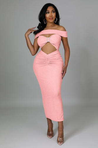 Fashionable and sexy one-shoulder wrap chest hollow back split solid color dress