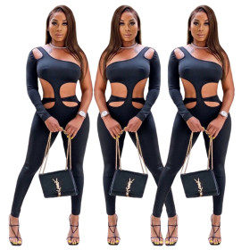 Casual Hollow Out Waist Off Shoulder Solid Color Temperament Jumpsuit