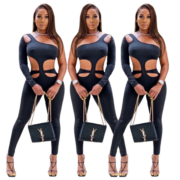Casual Hollow Out Waist Off Shoulder Solid Color Temperament Jumpsuit