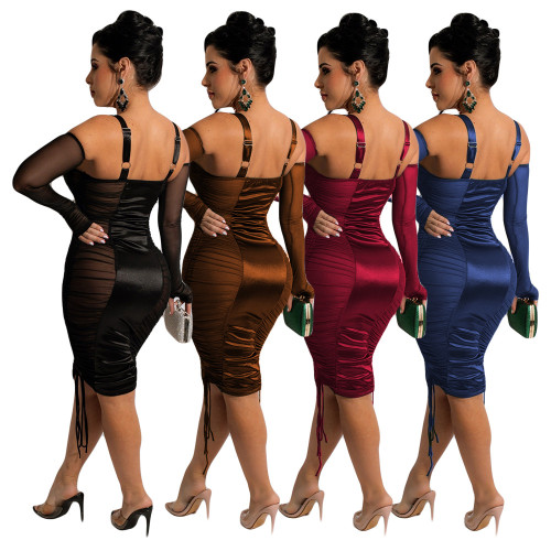 Satin Mesh Panel Sexy Dress Skirt