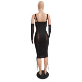 Satin Mesh Panel Sexy Dress Skirt