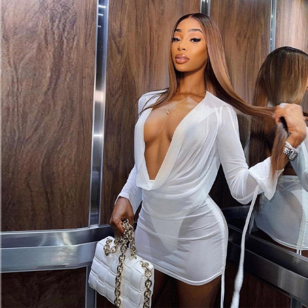 Solid Color Swing Collar Open Chest Show Navel Mesh Perspective Drawstring Set