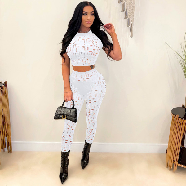 Hole solid color tight sexy sports and leisure two-piece suit