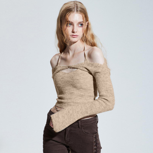 Women's Solid Color T-Shirt Halter Slim Slim Backless Sexy Vest Set