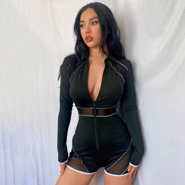 Lapel Mesh Panel Zip Long Sleeve Jumpsuit Shorts