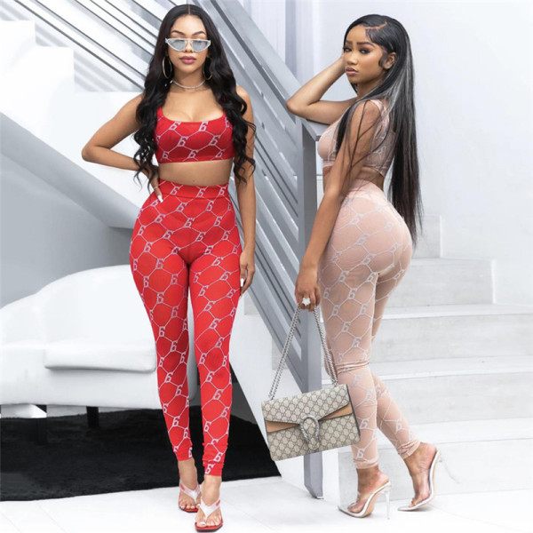 Sexy mesh sheer print stretch vest trousers casual sports suit