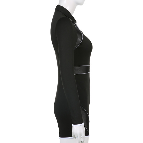 Lapel Mesh Panel Zip Long Sleeve Jumpsuit Shorts