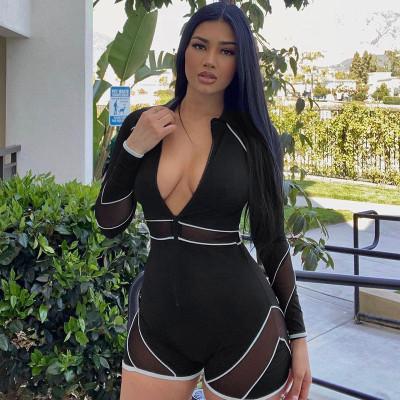 Lapel Mesh Panel Zip Long Sleeve Jumpsuit Shorts