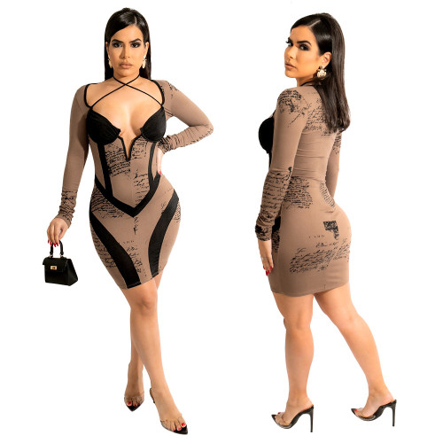 Fashionable and sexy halter neck wrap chest long-sleeved hip-burning flower dress be careful