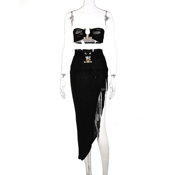 Tube top, navel, backless top, sexy slit, bag hip skirt, two-piece set
