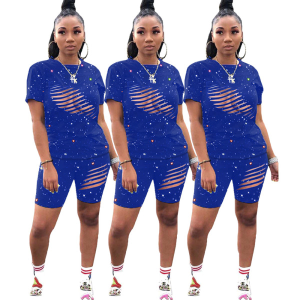 Women's Fashion Print Ripped Sexy Two Piece Suit