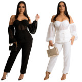Fashion Ladies Casual Mesh Sheer Pants Two Piece Set