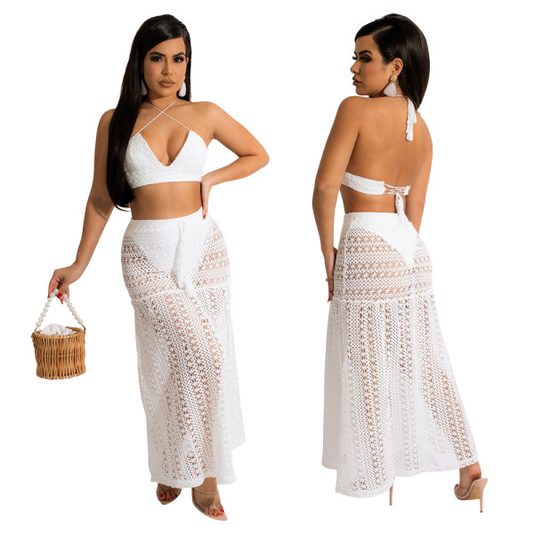 Fashion sexy wrap chest halter neck strap see-through lace dress two-piece set