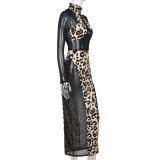 Dress Round Neck See-Through Long Sleeve Contrast Long Dress