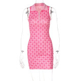 Women's Fashion Print Polo Collar Sleeveless Skinny Short Dress