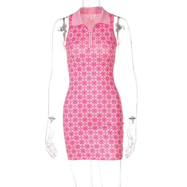 Women's Fashion Print Polo Collar Sleeveless Skinny Short Dress